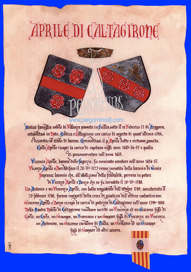 Composición de dos escudos heráldicos de apellidos, con leyenda y escudo de Aragón.